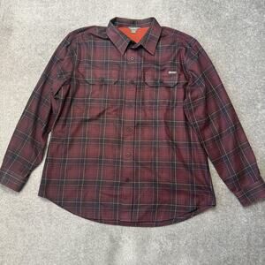 Eddie Bauer Shirt Mens XL Red Black Plaid Button Down Polyester Outdoor Casual